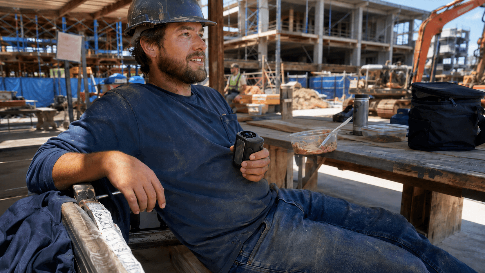 Construction worker resting on the job, holding the Arctic Clip