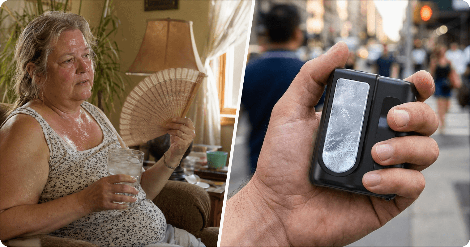 A woman overheating during a hot flash beside the same woman cool and comfortable wearing the Arctic Clip