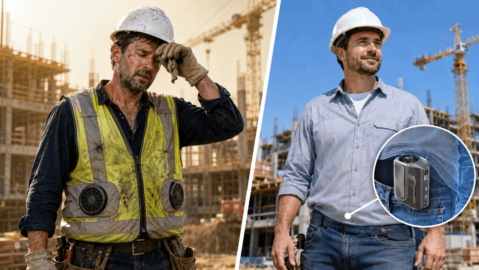 Construction worker overheating beside a cool worker wearing the Wünder Cool clip