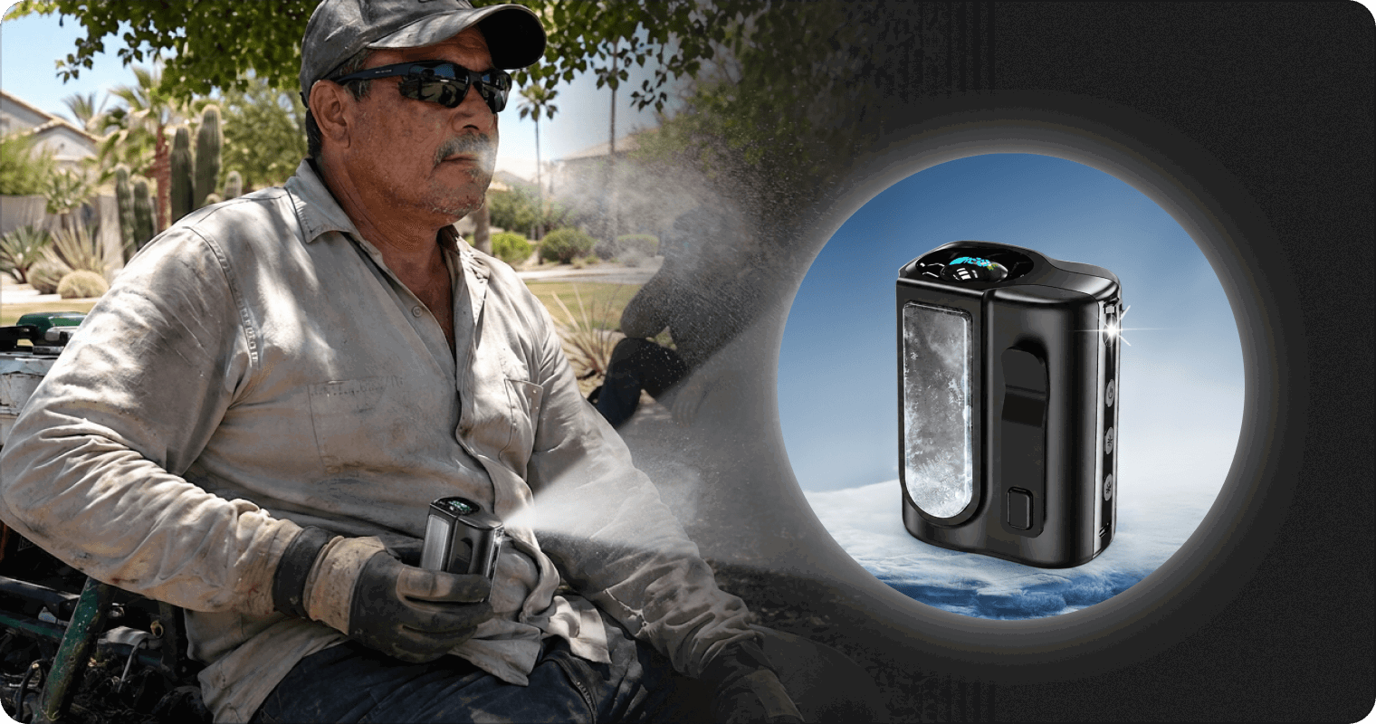 Landscaping crew lead working in the Arizona heat, with the Arctic Clip cooling device beside him