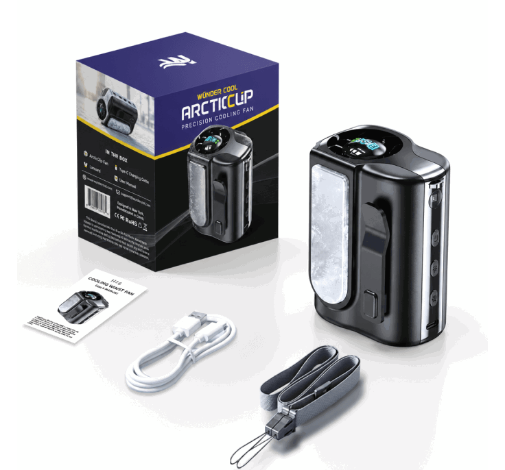 Arctic Clip retail box with the cooling device, USB-C cable, and lanyard