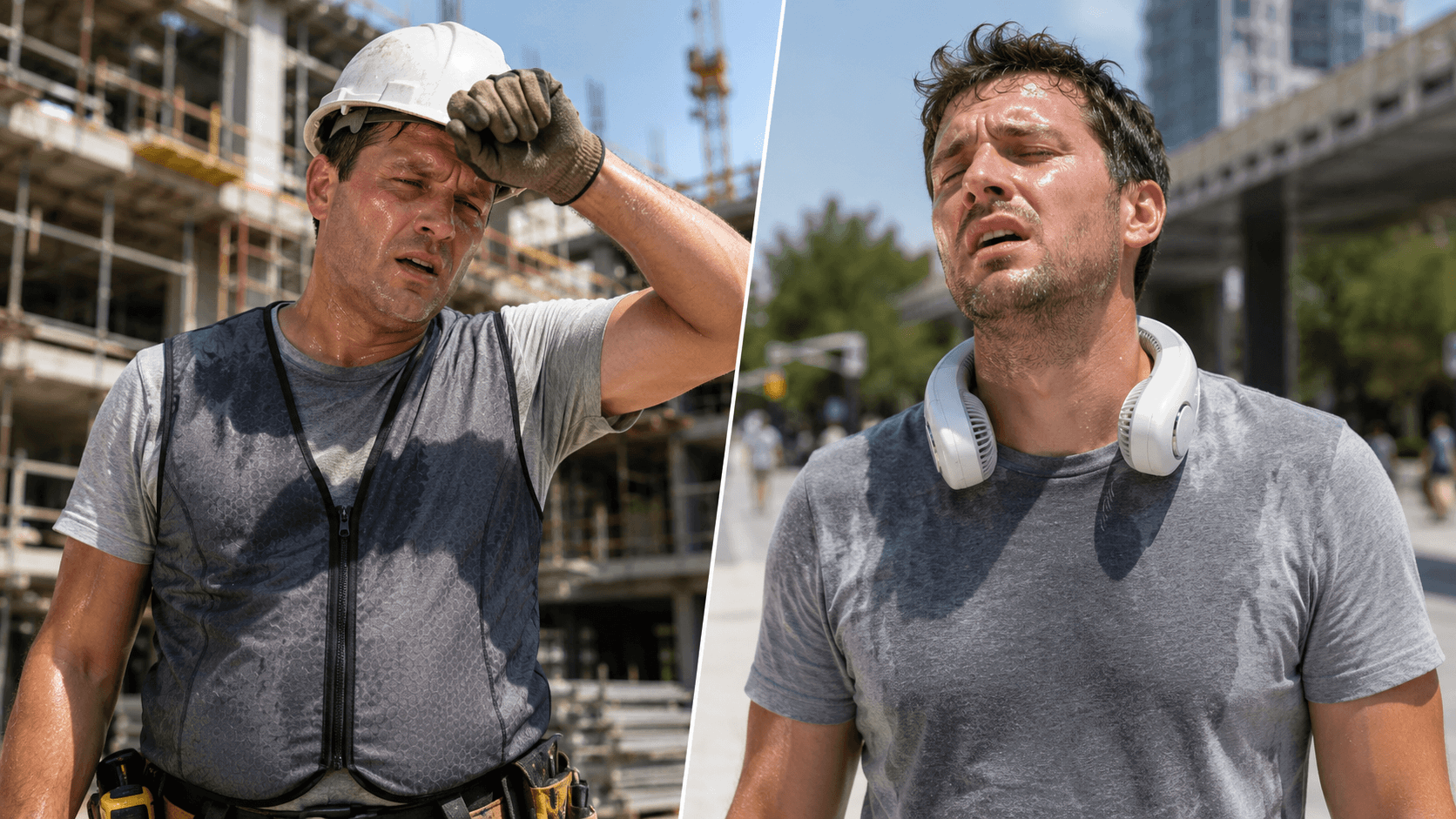 Worker in a cooling vest beside a worker with a neck fan, both overheating