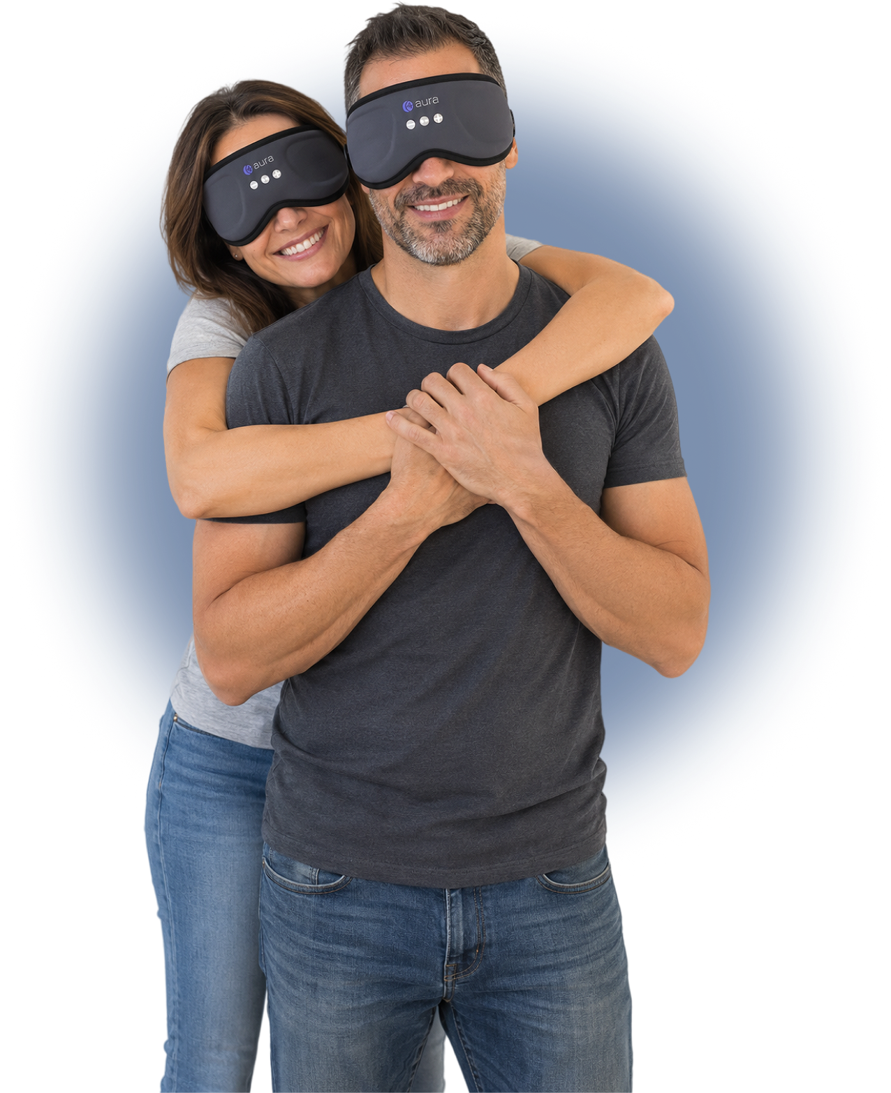 Happy couple wearing AURA sleep masks