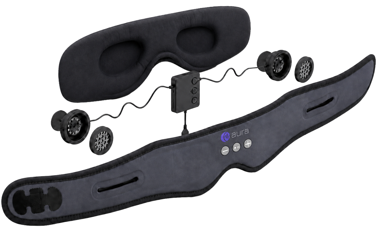 Exploded view of the AURA sleep mask showing the cushioned mask, slim speakers, control module and adjustable strap