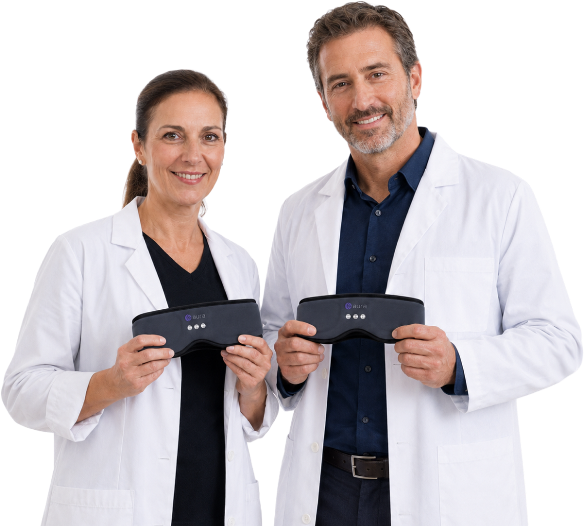 Two sleep doctors holding the AURA sleep mask