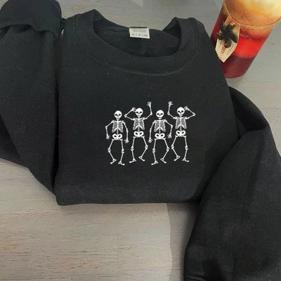 Dancing Skeletons Sweatshirt, Halloween Crewneck Embroidered