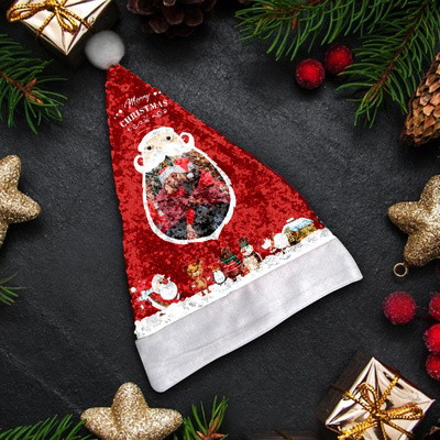 Personalized Sequins Santa Hat Custom Photo Christmas Hats for Holidays Xmas Party Supplies