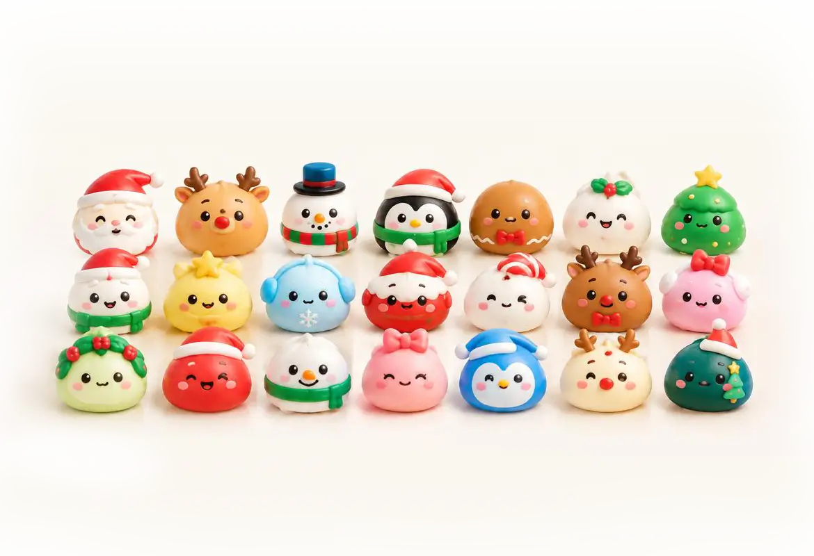 The squishy dumpling characters from the advent calendar, each in a Christmas outfit