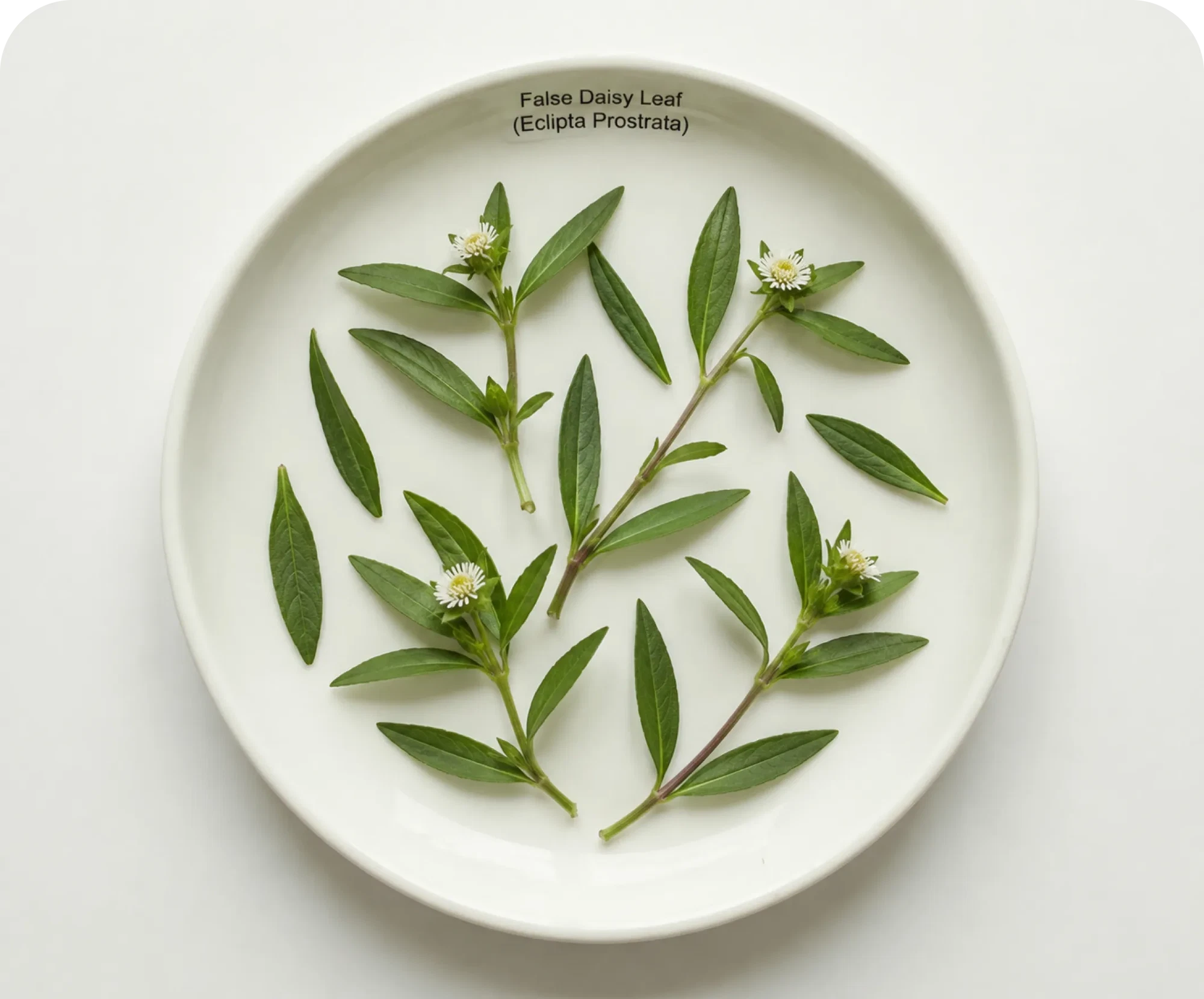 Eclipta Prostrata leaves on a ceramic plate