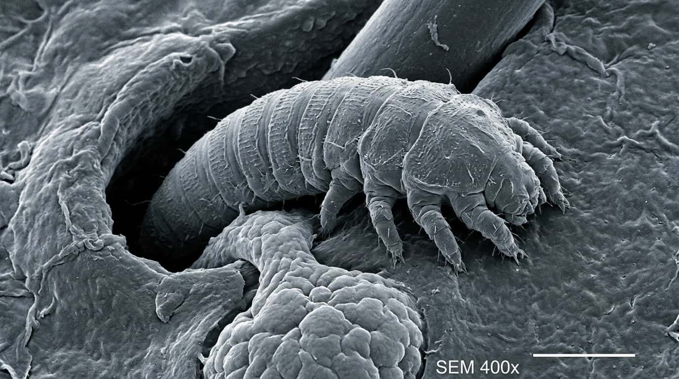 Demodex mite under microscope