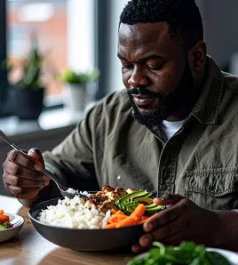 slightly overweight man sitting at a table eating a rice bowl with chicken, avocado, carrots, and spinach