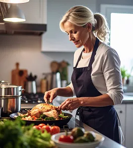 Woman preparing a meal of chicken and vegetables