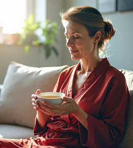 woman drinking herbal tea on a couch at home wearing a red robe