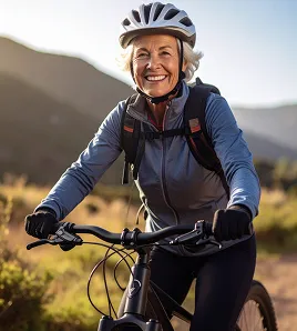 Vibrant senior woman enjoying an outdoor bike ride, looking energetic, focused, and health-conscious
