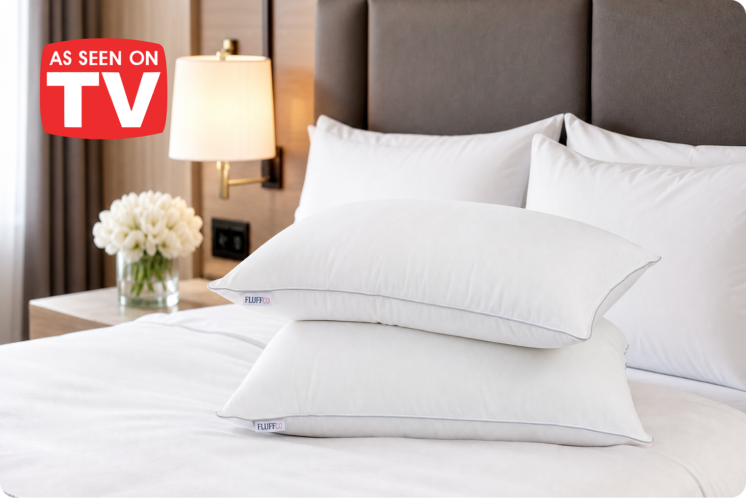 FluffCo pillows on a hotel bed