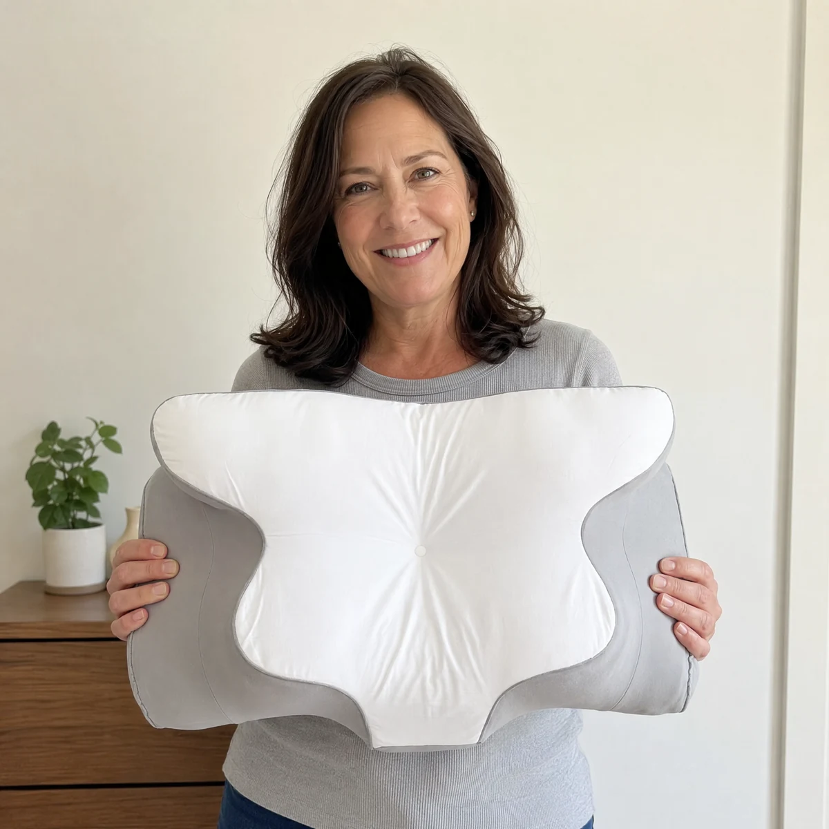 Melissa holding her FluffCo Ergo Pillow