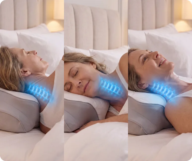 Woman sleeping with cervical neck support highlighted on FluffCo Ergo Pillow