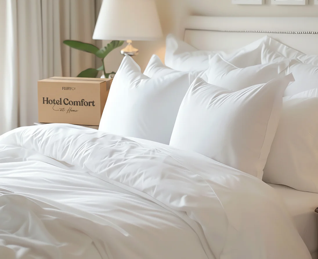 FluffCo pillows on a luxury bed