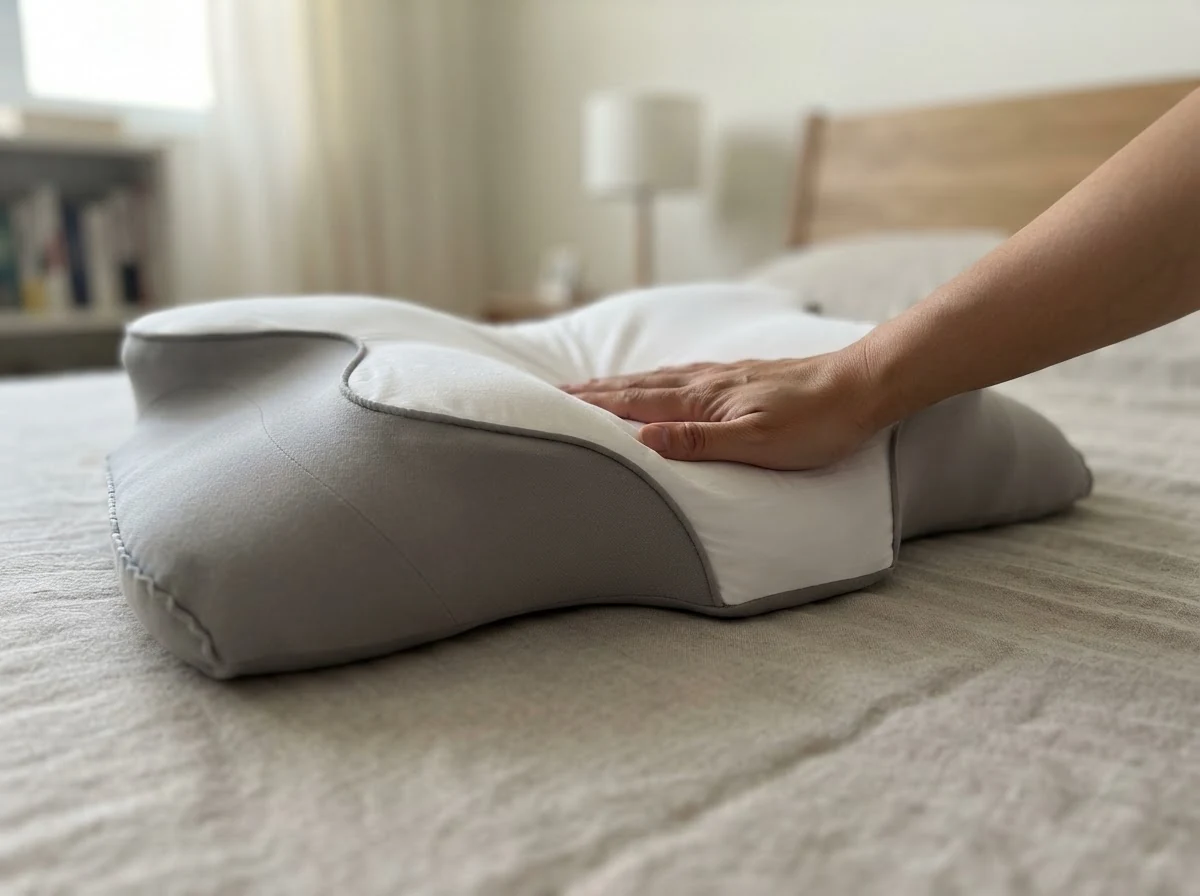 FluffCo Ergo Pillow shown on a bed