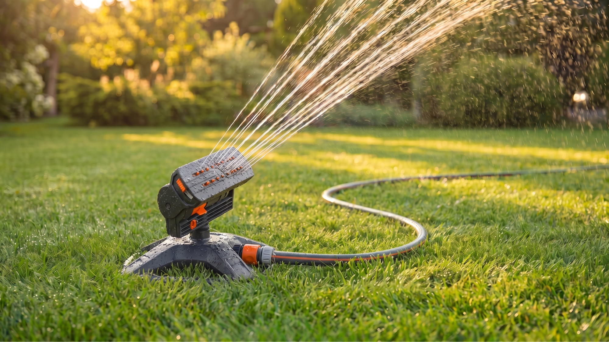 Garden Maestros Pro Sprinkler watering a lush green lawn at golden hour