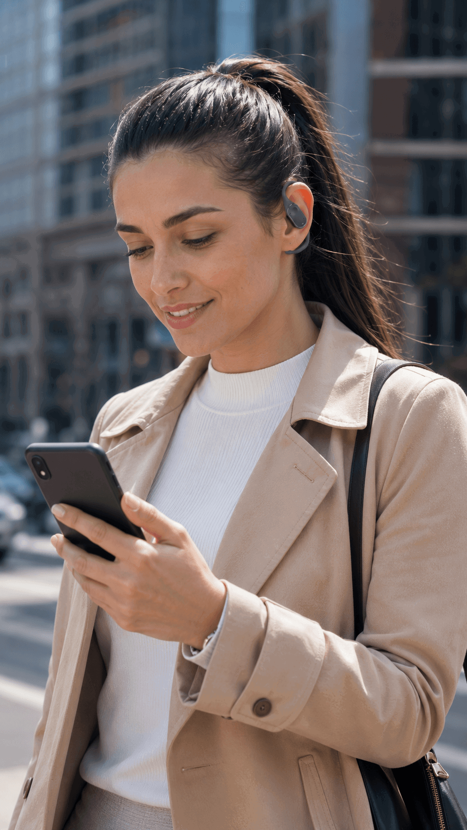 Customer checking her phone while wearing Groovz headphones