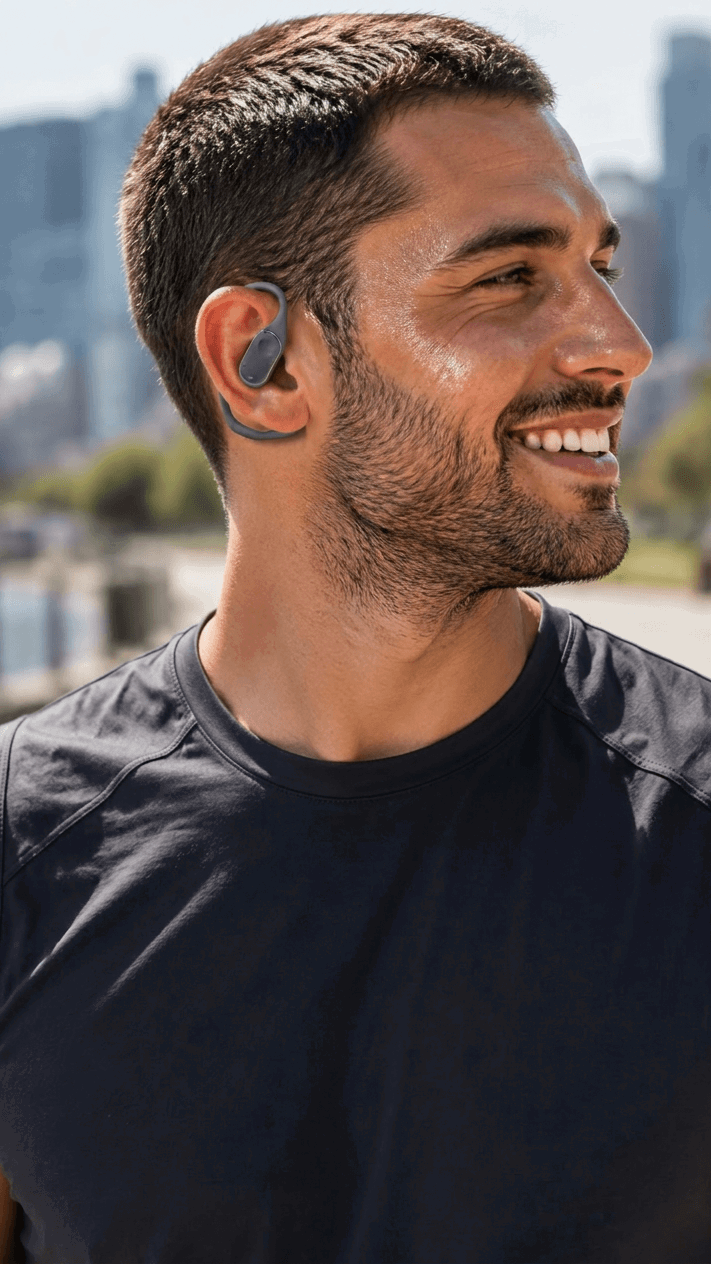 Customer smiling outdoors wearing Groovz headphones