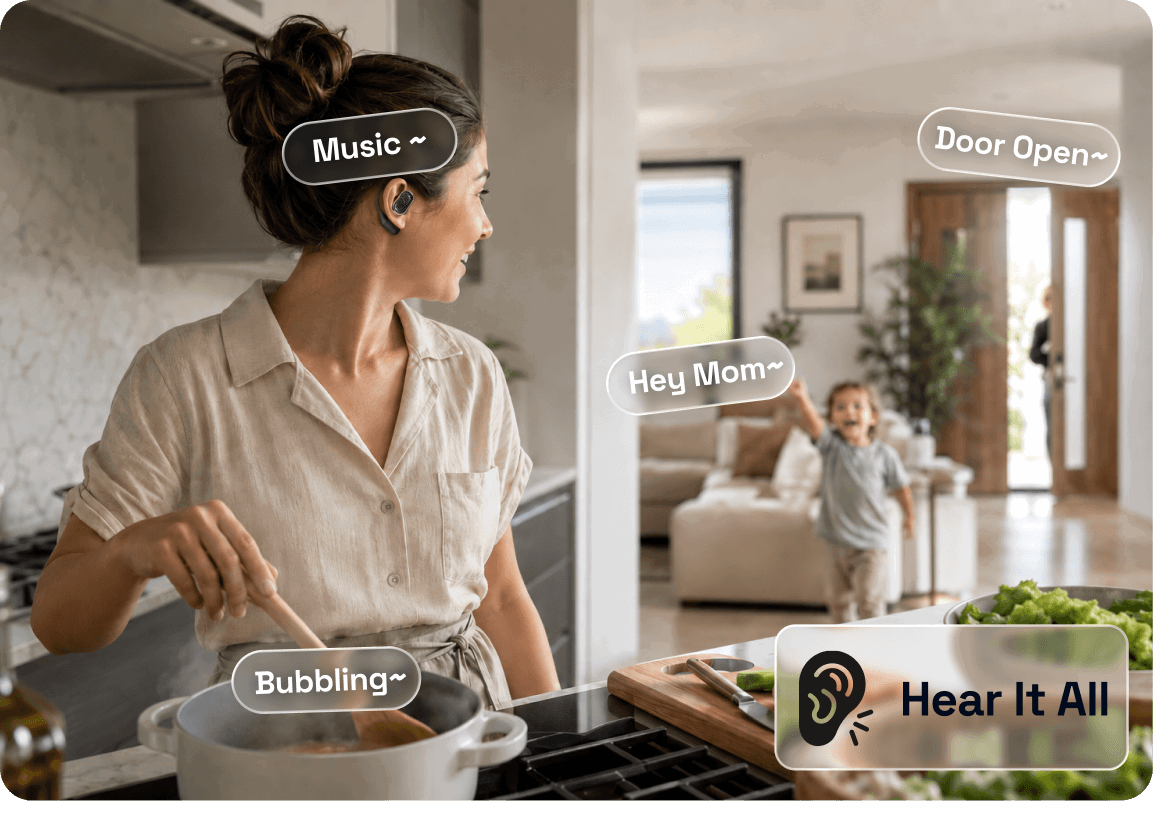 Woman hearing music and her surroundings at the same time