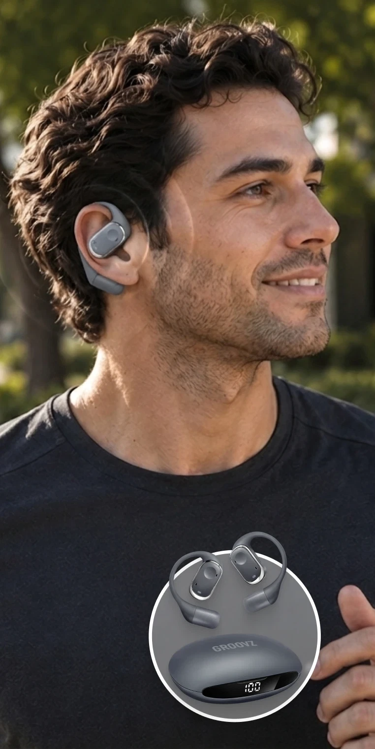 Man wearing Groovz open-ear headphones outdoors