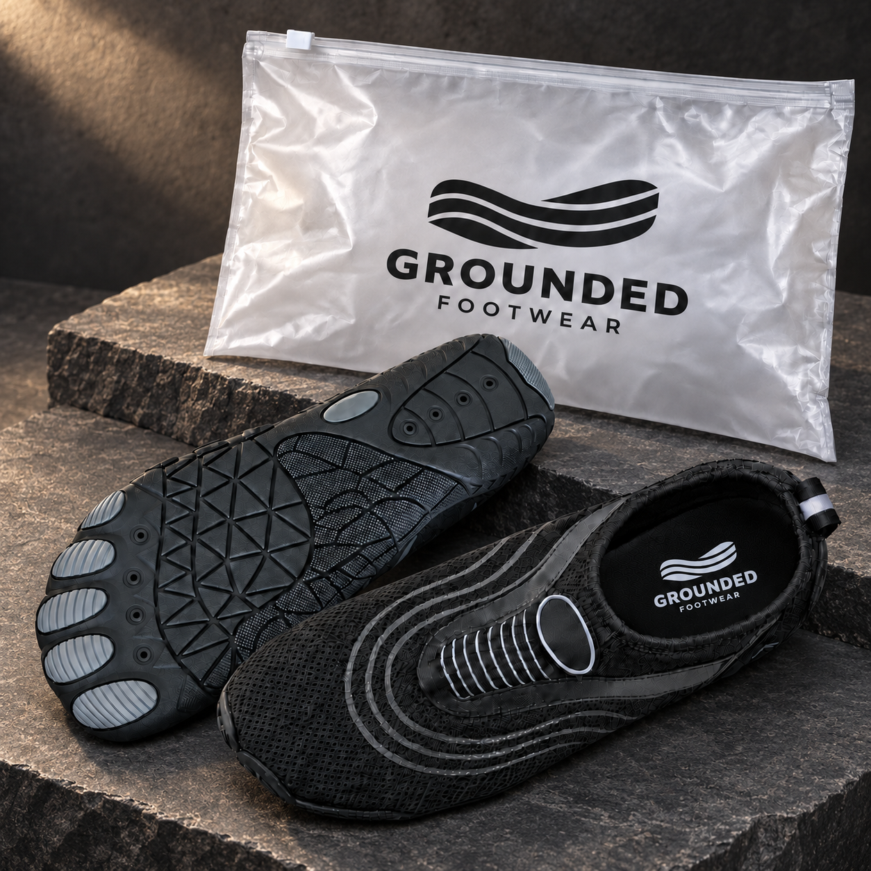 Grounded shoes with the branded bag and Grounded Footwear® logo on the insole