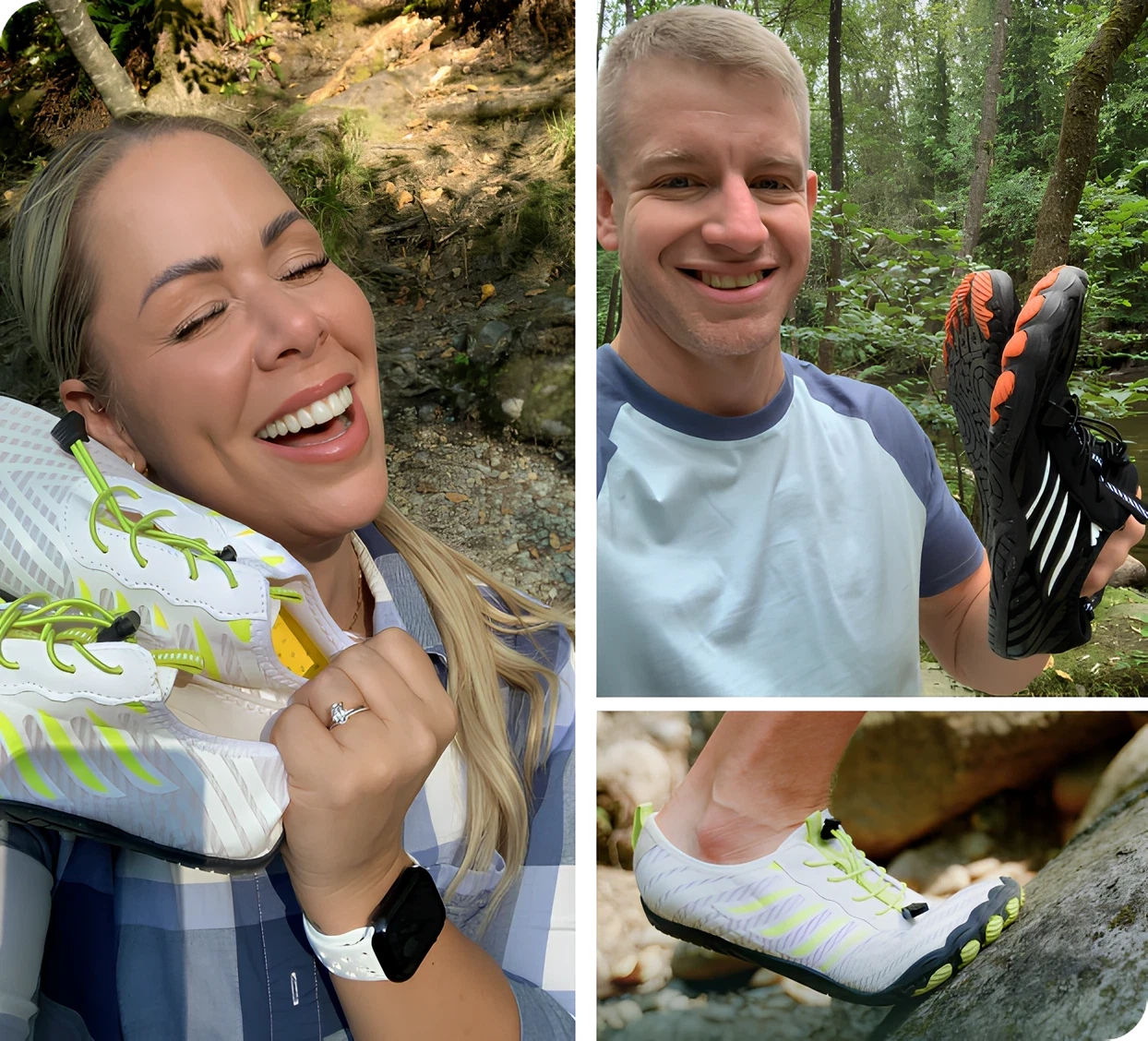 Grounded customers smiling outdoors, and a close-up of Freedom shoes on a trail
