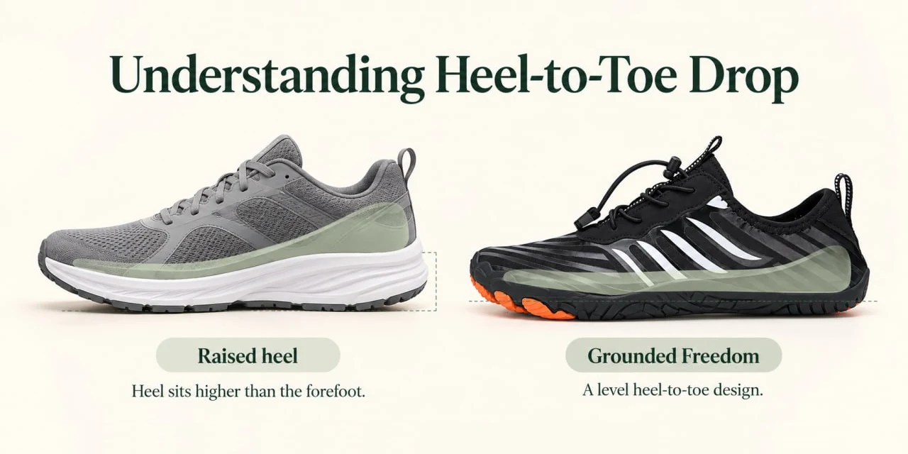 Understanding heel-to-toe drop: a raised-heel shoe next to Grounded Freedom with a level heel-to-toe design