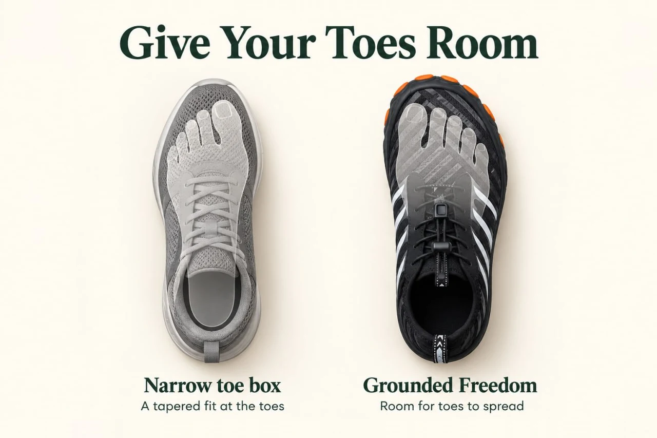 Give your toes room: a narrow toe box with a tapered fit next to Grounded Freedom, with room for toes to spread