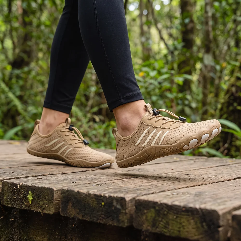 Grounded Footwear® Freedom in Tan Sandstone, worn outdoors