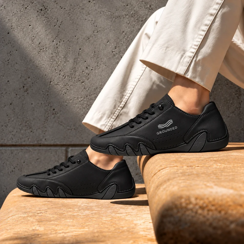 Grounded Footwear® Evolve in Black Obsidian, on foot