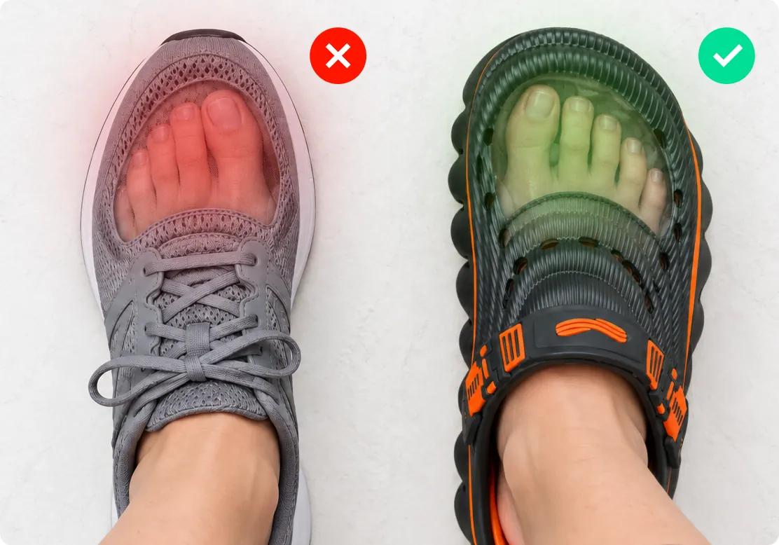 A side-by-side of a narrow shoe squeezing the toes and the wide Restore Clogs toe box
