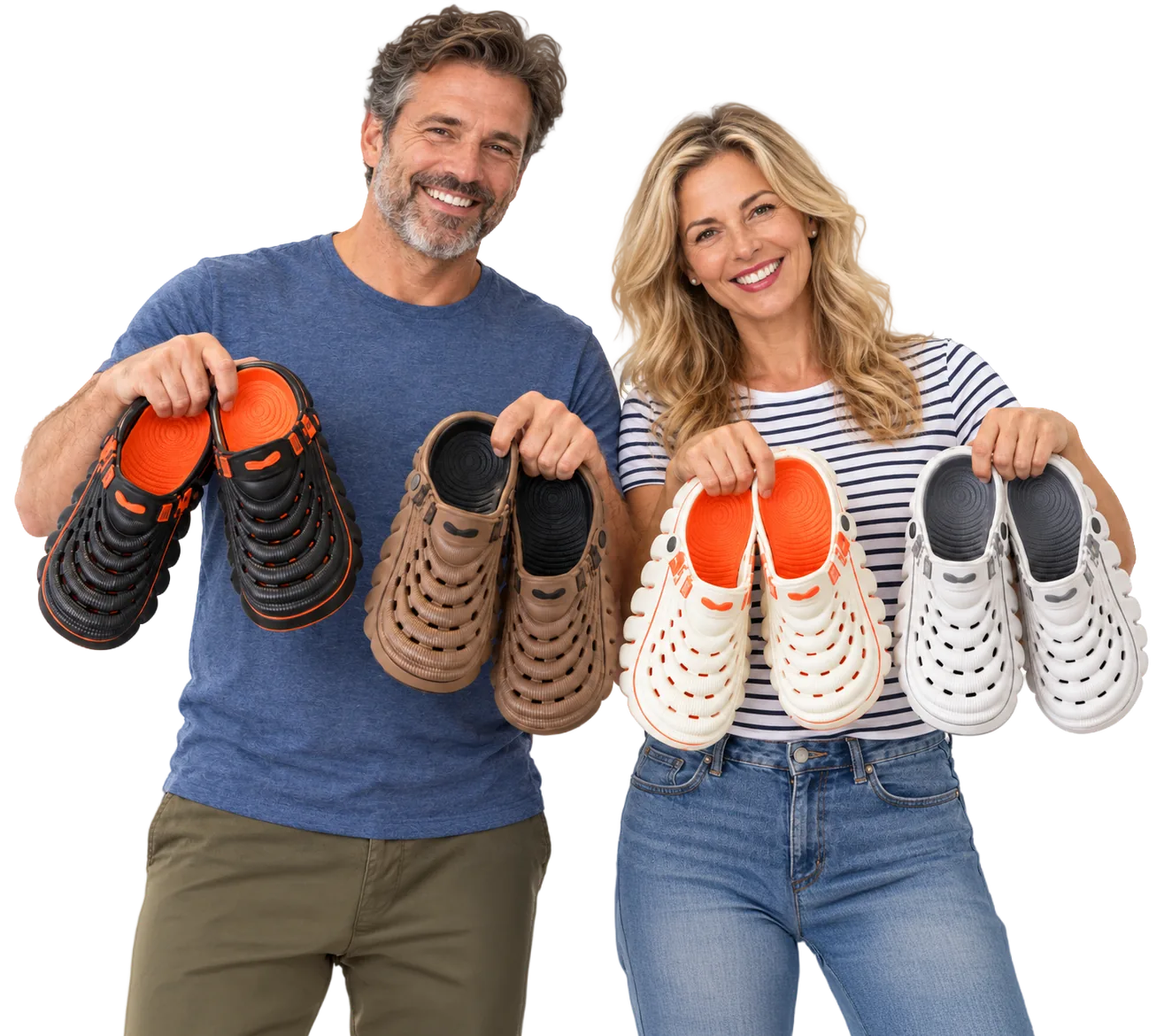 Two people holding Restore Clogs in four colours