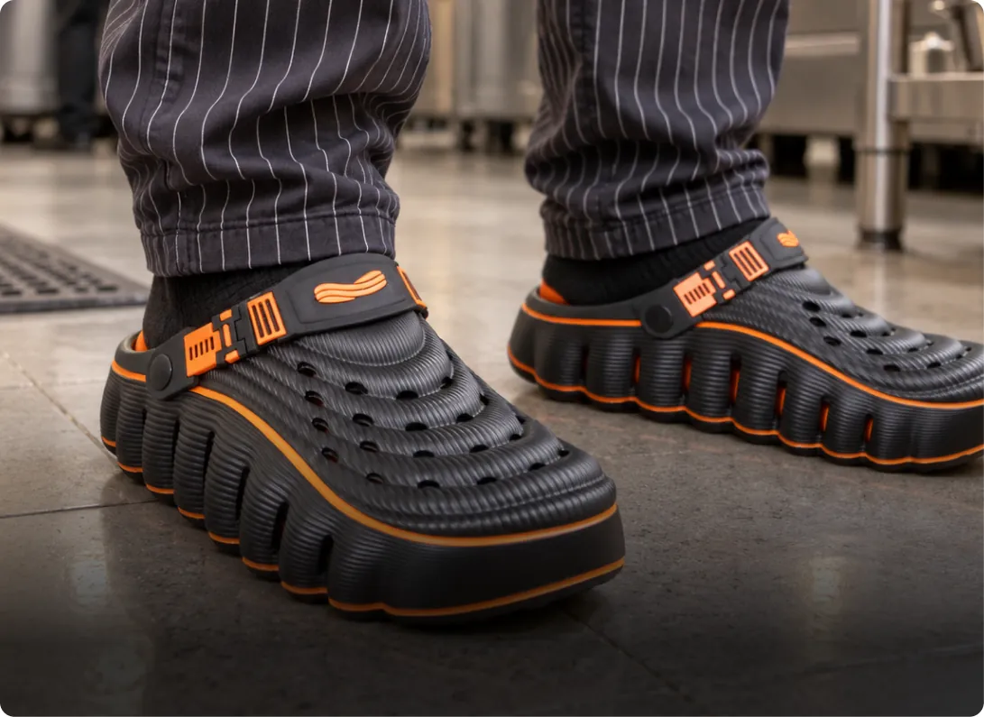 Restore Clogs in Black Ember, worn on a kitchen floor