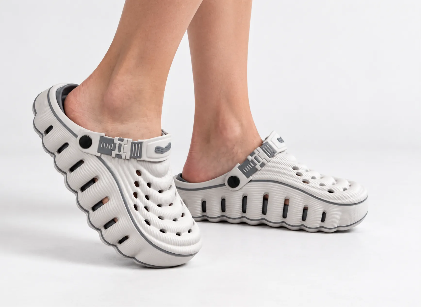 Restore Clogs in White Cloud, worn in the studio