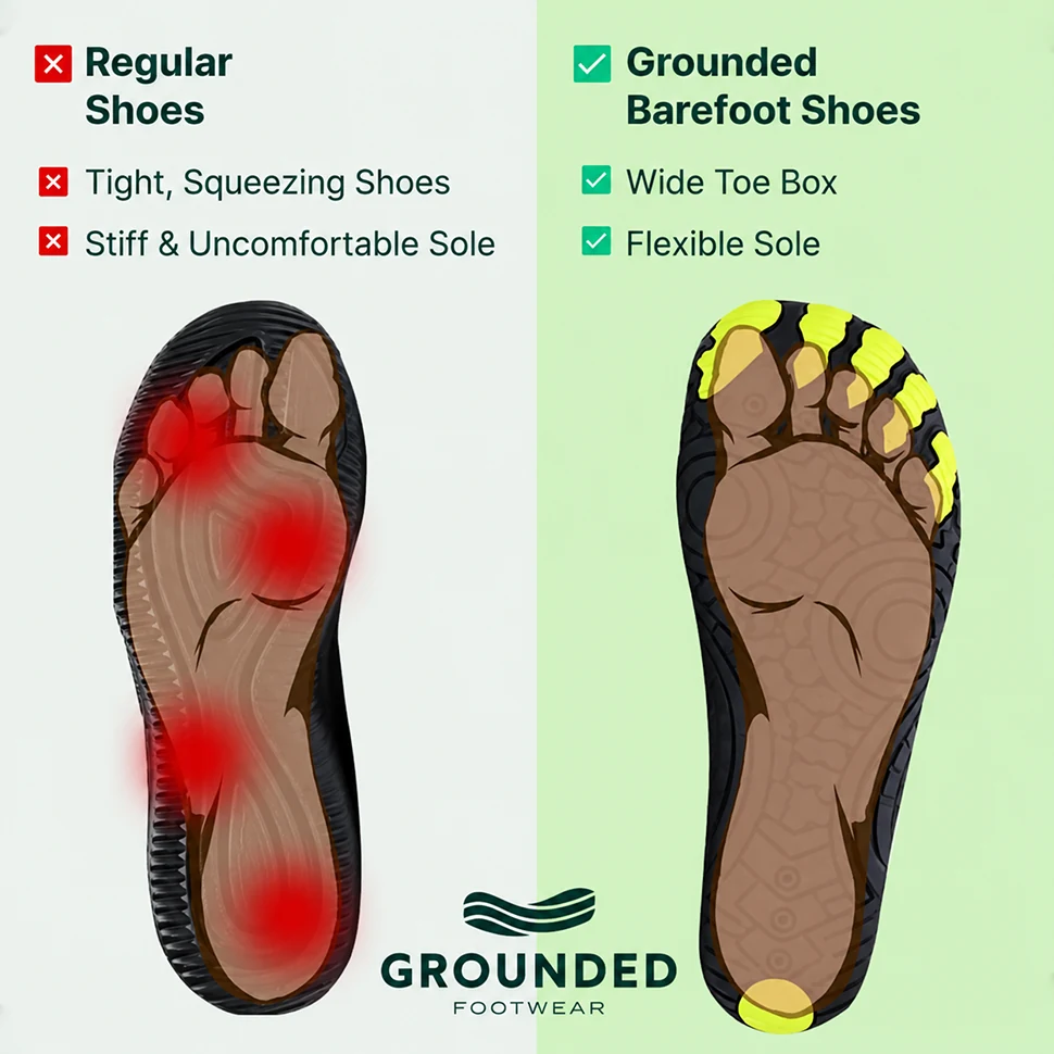 Diagram comparing a regular shoe footprint with a barefoot shoe footprint