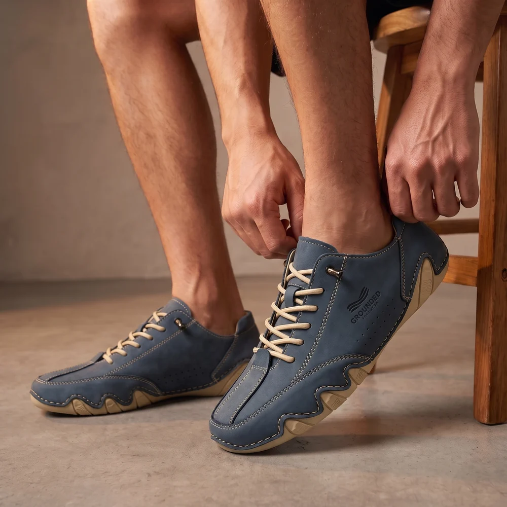 Evolve in Indigo Blue, worn, showing the flat zero-drop sole