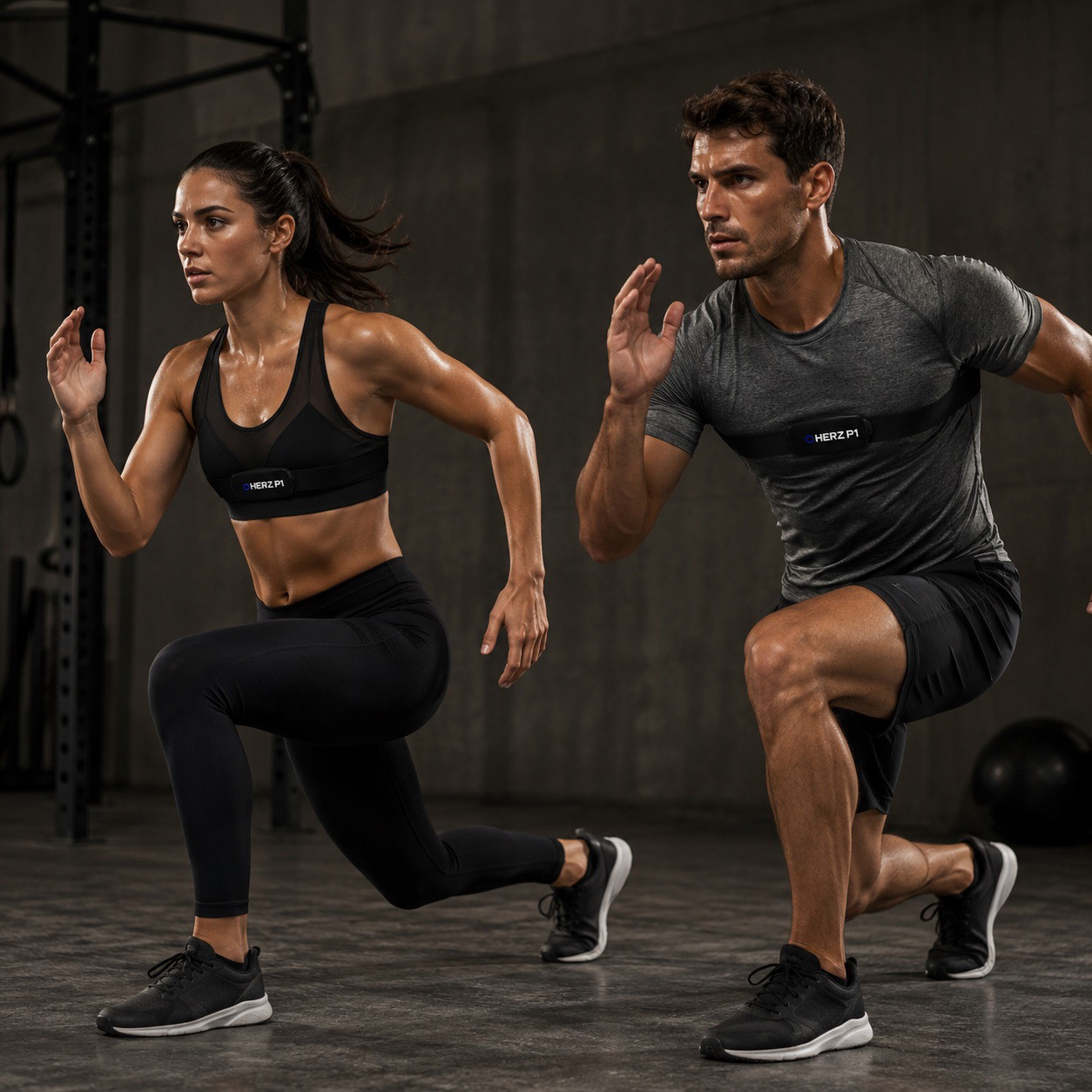 Two people doing a high-intensity interval training drill wearing Herz P1 chest straps