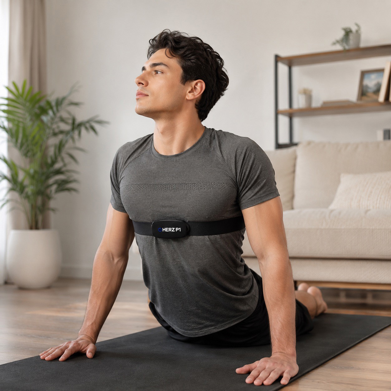 Man stretching during a home workout wearing the Herz P1 chest strap