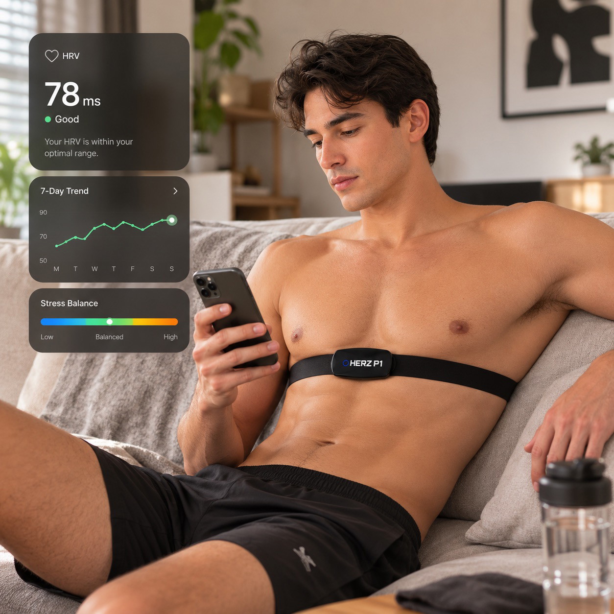 Man checking his heart rate variability on his phone while wearing the Herz P1 chest strap
