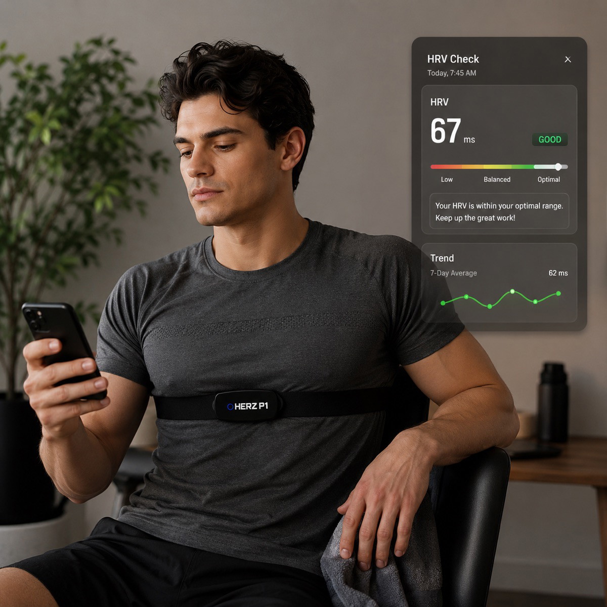 Man checking real-time heart rate data on his phone while wearing the Herz P1