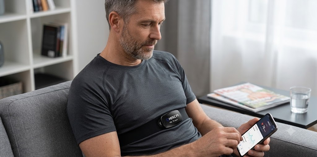Man checking his heart rate on his phone while wearing the Herz P1 strap