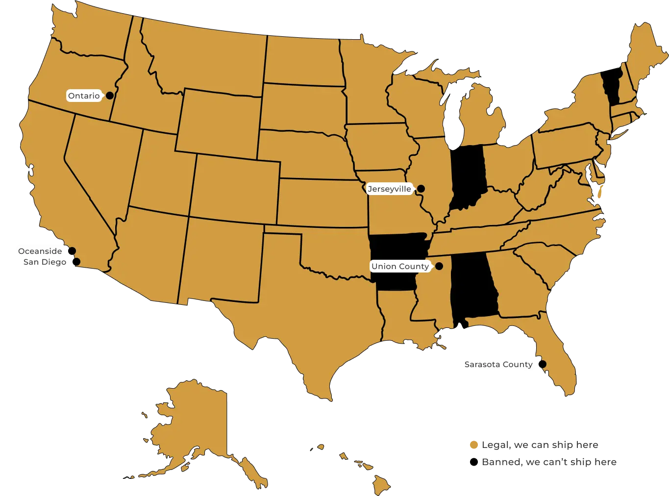 In the United States, Kratom is banned in and unable to be shipped to the following states, counties, and cities: Alabama, Arkansas, Indiana, Rhode Island, Vermont, Wisconsin, Sarasota County, FL, Union County, MS, San Diego, CA, Jerseyville, IL, Oceanside, CA, and Ontario, OR. If you live anywhere else in the United States, we can ship to you.