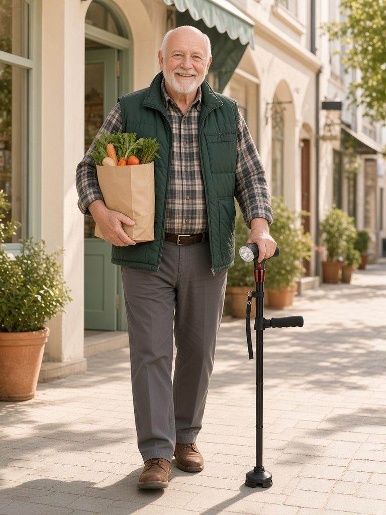 Man carrying groceries with the Ready Walker cane