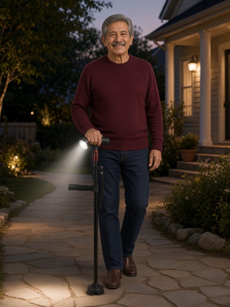 Man on an evening walk with the Ready Walker cane LED light on