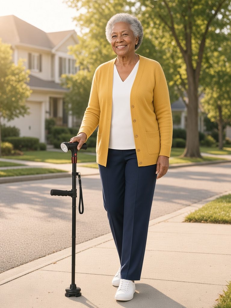 Woman walking in her neighborhood with the Ready Walker cane