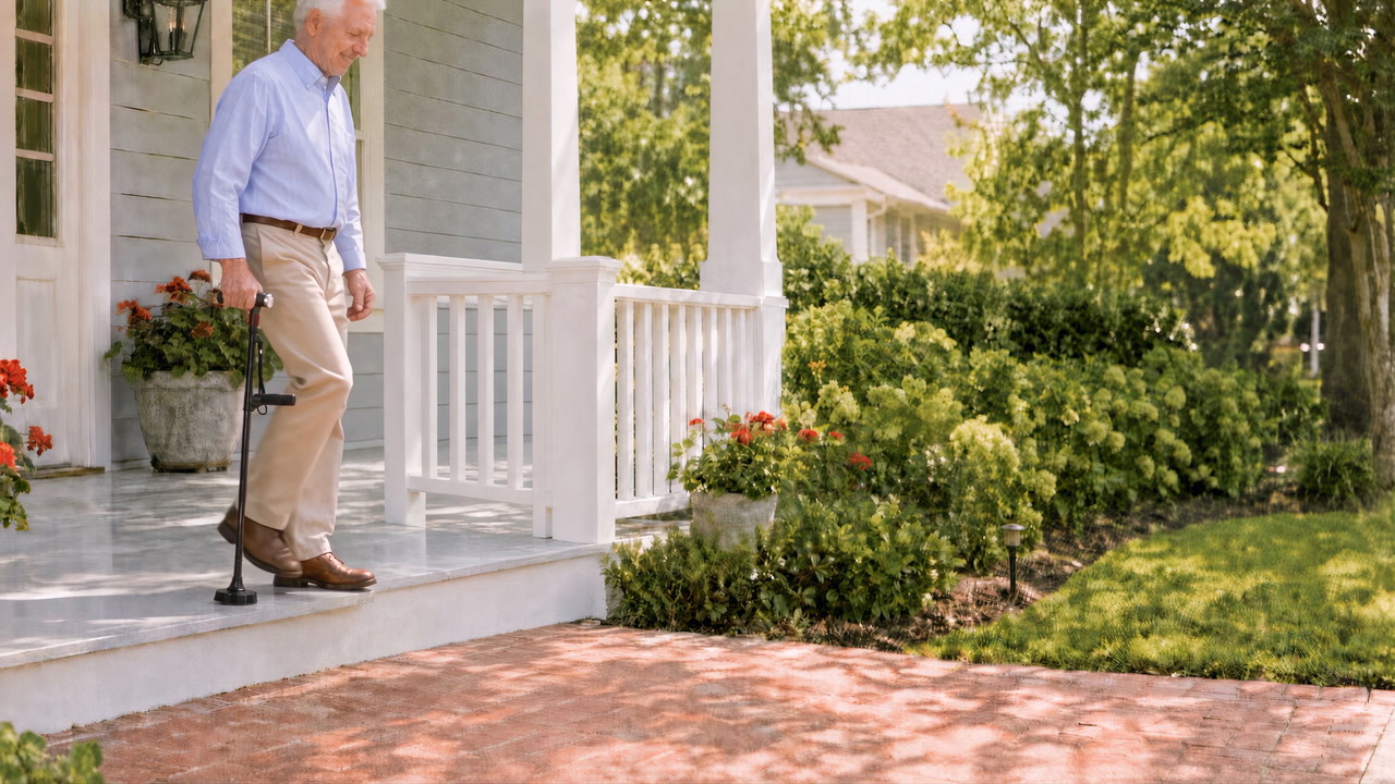 Man walking outside his home with the Ready Walker cane